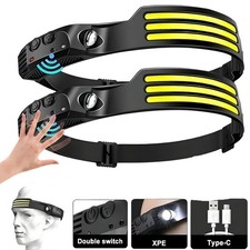 2x Waterproof COB LED Head-Torch Rechargeable USB Motion Sensor COB Headlamp UK