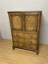 Burr Walnut Art Deco Tallboy side cabinet with solid brass handles 