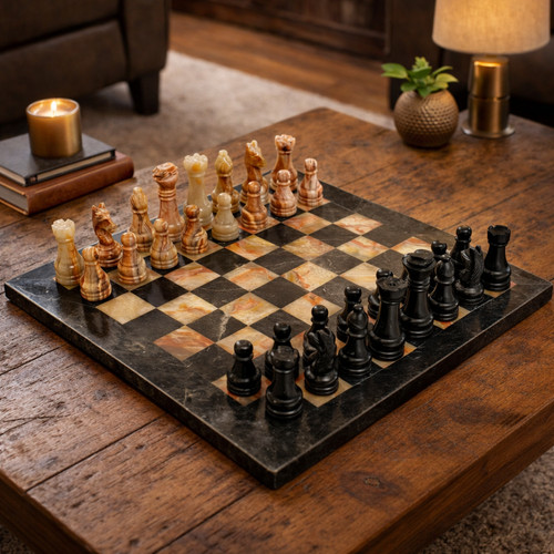 Premium marble chess set black - set,