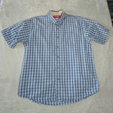 Wrangler Shirt Men's Large Check Plaid Blue Short Sleeve Buttons Cowboy Outdoors
