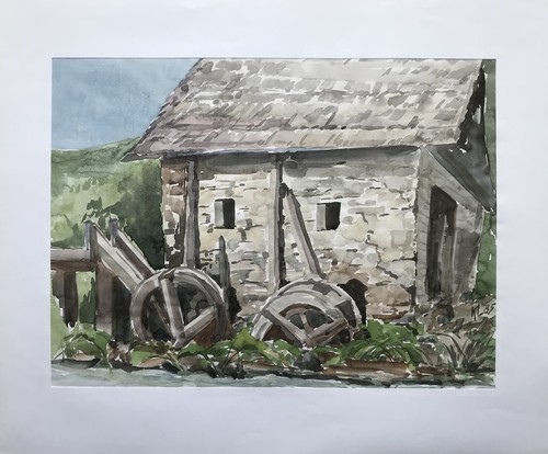 Watercolor water mill - mill,