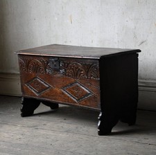 Antique mid 17th century carved oak six plank coffer chest, country furniture