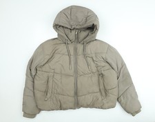 Zara Women Beige L Hooded Puffer Jacket Full Zip Winter Coat