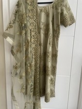 Indian Trouser Kameez Three-Piece Suit Women's Dark Cream/Green Size Medium M