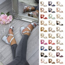 WOMENS LADIES LOW MID BLOCK HEEL STRAPPY BRIDESMAID WEDDING EVENING SANDALS SIZE