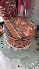 Ottoman Vintage Coffee Stool With Vintage Tribal Kilim Rug Design - 35cm x 35cm
