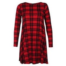 Womens  Red Tartan Print Long Sleeve Swing Skater Dress Plus Size 8-26 NEW