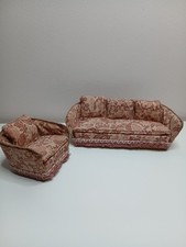 Vintage Lundby Dolls House Pink Flower Sofa & Armchair 1970s