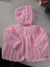 BN hand-knitted matinee and bonnet set baby pink sparkle newborn  DK15