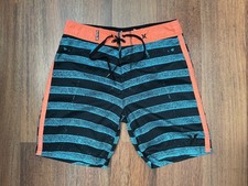 Men's Hurley Board Shorts Size W 30 Blue Black Stripe Neon Orange Quick Dry