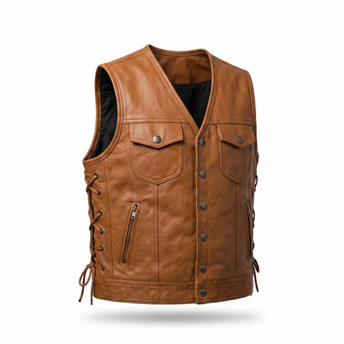 Men tan leather riding vest - men's,