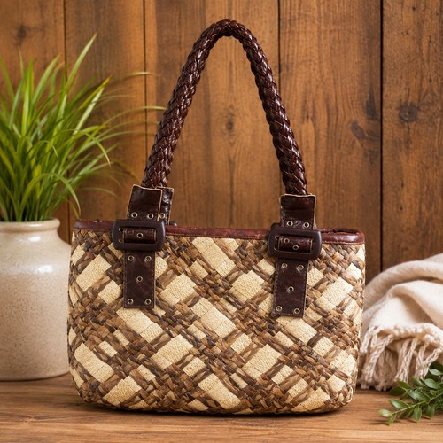 Woven straw checkered tote - tote, bag