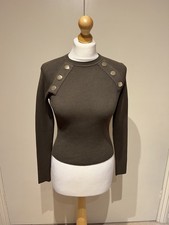 ZARA, WOMENS, SAGE GREEN, RIBBED JUMPER WITH GOLD BUTTON DETAIL. SIZE S.