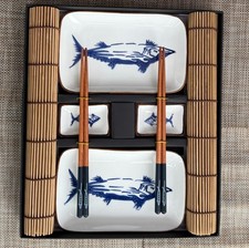Luxury Sushi Tableware Set Sardine Ceramic Plate Dish Chopsticks Bamboo Placemat