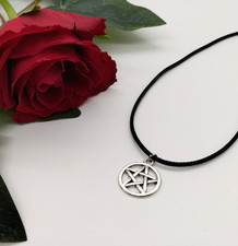 Silver Pentagram Pendant Necklace on Black Cord, Wiccan Witchcraft Pagan 17"