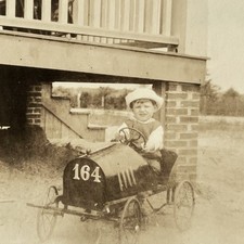 Antique Snapshot Photograph Adorable Little Boy In Metal Pedal Car 164 Outside