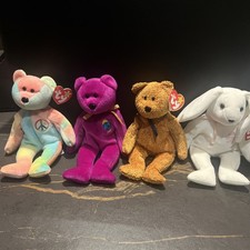 Bundle Of 4 Ty Beanie Baby Bears FUZZ, PEACE, Millenium, Colour Me Bunny