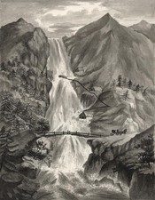 HORSE & CART IN MOUNTAIN LANDSCAPE Antique Watercolour Painting c1830