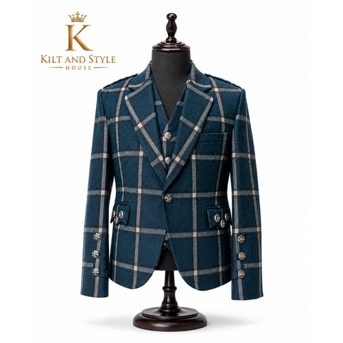 Blue windowpane wool tweed - wool,