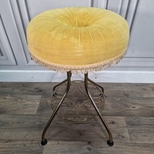 Retro Vintage Yellow Velvet Vanity Stool - Gold Metal Base - Hollywood Regency