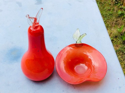 Vintage red art glass pear - red,
