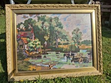Vintage Needlepoint Tapestry completed Gold Gilt Framed Wall Art The Haywain big