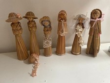 6 Vintage Wicker Corn Straw Dolly Doll Set  Ladies & Bride with Flowers Bouquet