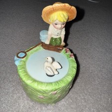 MUSIC BOX Vintage Boy Fishing Figurine With Swan On Lake JAPANESE TOYO VERY RARE