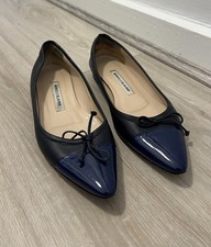 Manolo Blahnik Navy Blue Ballet Leather Patent Veralli Bow Size 38/5 Flats Shoes