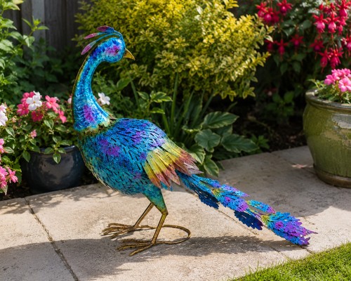 Large colourful metal peacock - large,