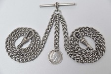 VINTAGE DOUBLE ALBERT POCKET WATCH CHAIN WITH 1917 SILVER COIN FOB