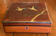 Antique Japanese Brown Lacquer Box with Bird and Floral Motif Needs A Tidy Up