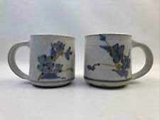 2 X Studio Art Pottery Teacup Tan Blue Flowers Stoneware Signed Goodsell Vintage