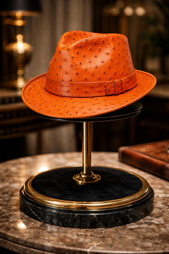 Orange ostrich leather fedora - orange,