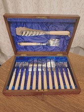 Superb Antique 14 Piece EPNS Faux Bone Handle FISH CUTLERY SET -E Owen Sheffield