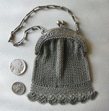 Antique Chatelaine Silver Art Nouveau Frame Fancy Fringe Mesh Coin Purse GERMANY
