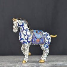 Vintage Small Chinese Cloisonne Enamel Horse Figurine Statue White & Blue 7cm