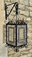 Vintage Wrought Iron Lantern + Bracket Stained Glass Porch Wall Mount Hanging
