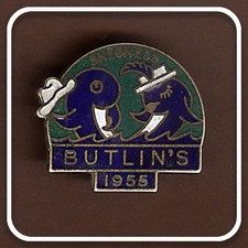 BUTLINS SKEGNESS HOLIDAY CAMP 1955 GREEN &BLUE LABELS ORIGINAL  ENAMEL PIN BADGE