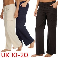 Ladies Linen Cargo Trousers Long Bottoms Summer Wide Leg Pants 10 12 14 16 18 20