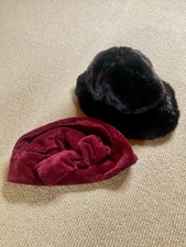 Ladies Vintage Hats x 2 (dark brown faux fur hat & red velvet cap with bows)