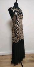 Sequinned Evening Dress Size Medium Black w Gold Sequin Design Flapper Style