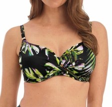 Fantasie Palm Valley Bikini Top Black Green Size 36F Full Cup Wrap Front 6760