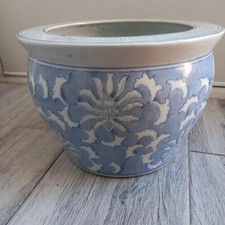 LARGE BLUE & WHITE FLORAL ORIENTAL GLAZED CERAMIC INDOOR PLANT POT 