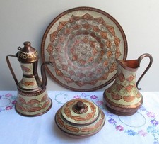 VINTAGE DECORATIVE COPPER COFFEE SET COFFEE POT JUG LIDDED BOWL & TRAY ARABIC ?