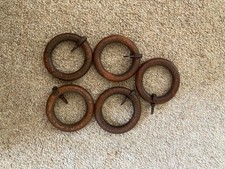 35mm Solid Wooden brown (mahogany?) Curtain Rings plastic eyes hooks set of 5