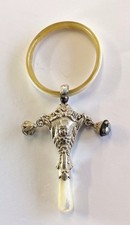 ANTIQUE SILVER & MOTHER OF PEARL BABY RATTLE TEETHING RING CHERUB DECORATION