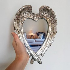 Feather Angel Wings Mirror Distressed Silver Hanging Mounting Home Decor Heart