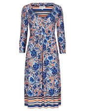 Ex M & S Per Una Women's Fit & Flare Midi Dress - Orange/Blue Floral Print UK 12