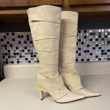 Alexander McQueen Cream Suede Wrap Boots Y2K Pointed Toe Size 6.5 Wide Calf